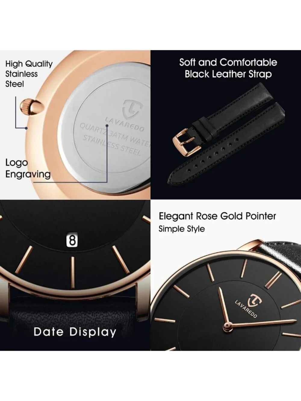 Men's All Black Leather Strap Analog Minimalist Fashion Simple Round Wrist Watch